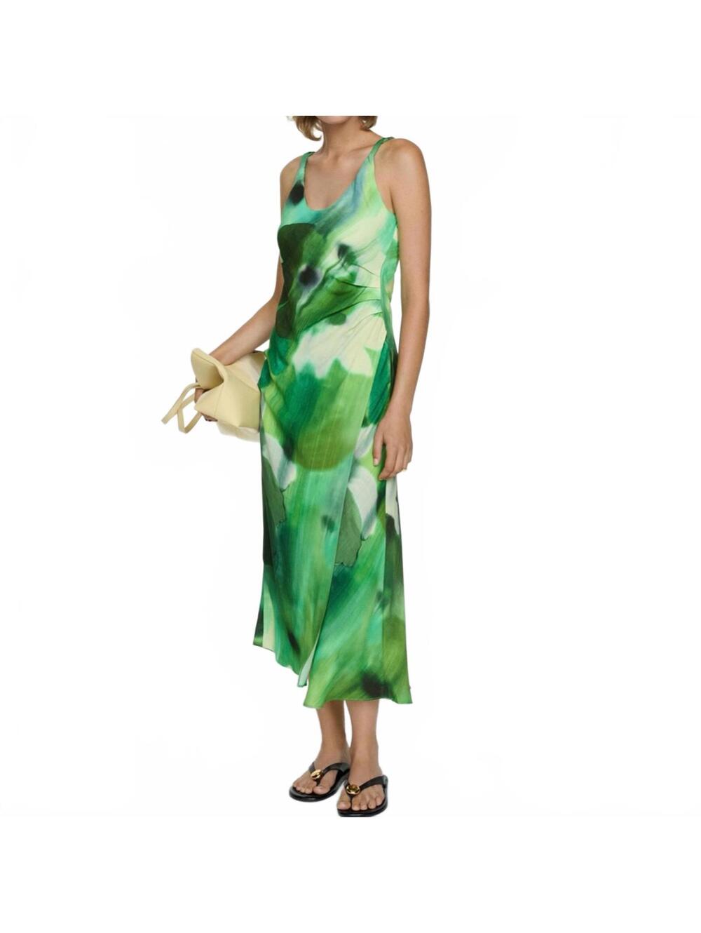 Mango Draped Pleated Abstract Print Dress Size 8 Large Green